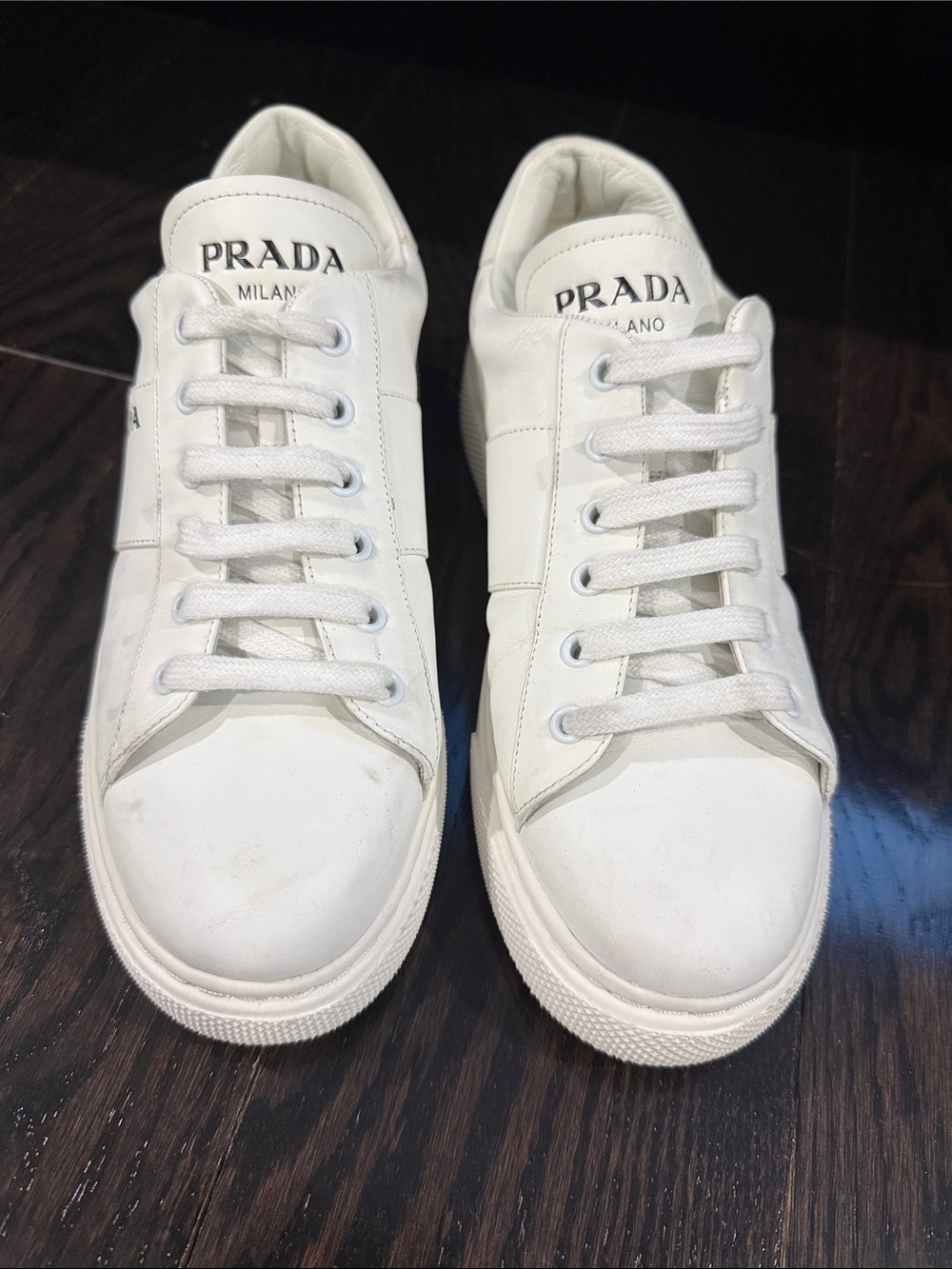 Prada Men's White Leather Low-Top Sneakers